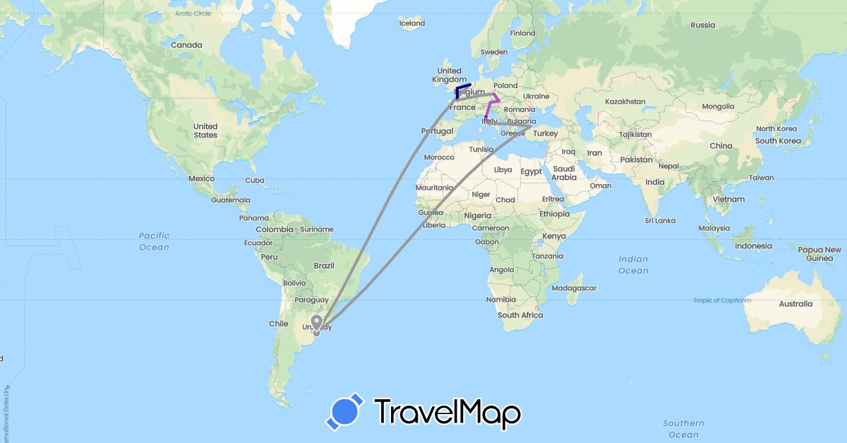 TravelMap itinerary: driving, plane, train in Austria, Czech Republic, France, United Kingdom, Italy, Netherlands, Turkey, Uruguay (Asia, Europe, South America)